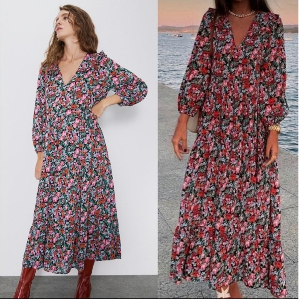 Zara Floral Midi Dress Women S Red Pink 3/4 Sleeve Romantic Cottagecore Boho